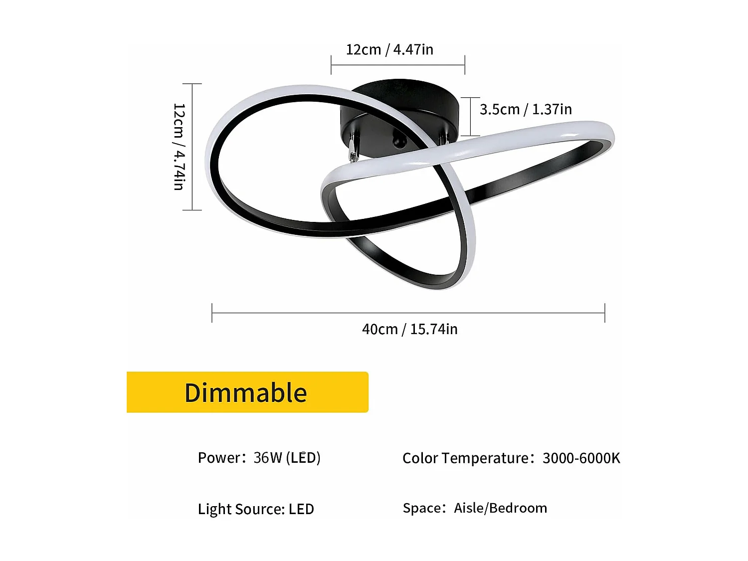 Plafonnier LED Moderne Design Créatif en Aluminium Lampe de Lustre pour Cuisine Salon Chambre Salle à Manger（Noir 36W Dimmable avec la télécommande）