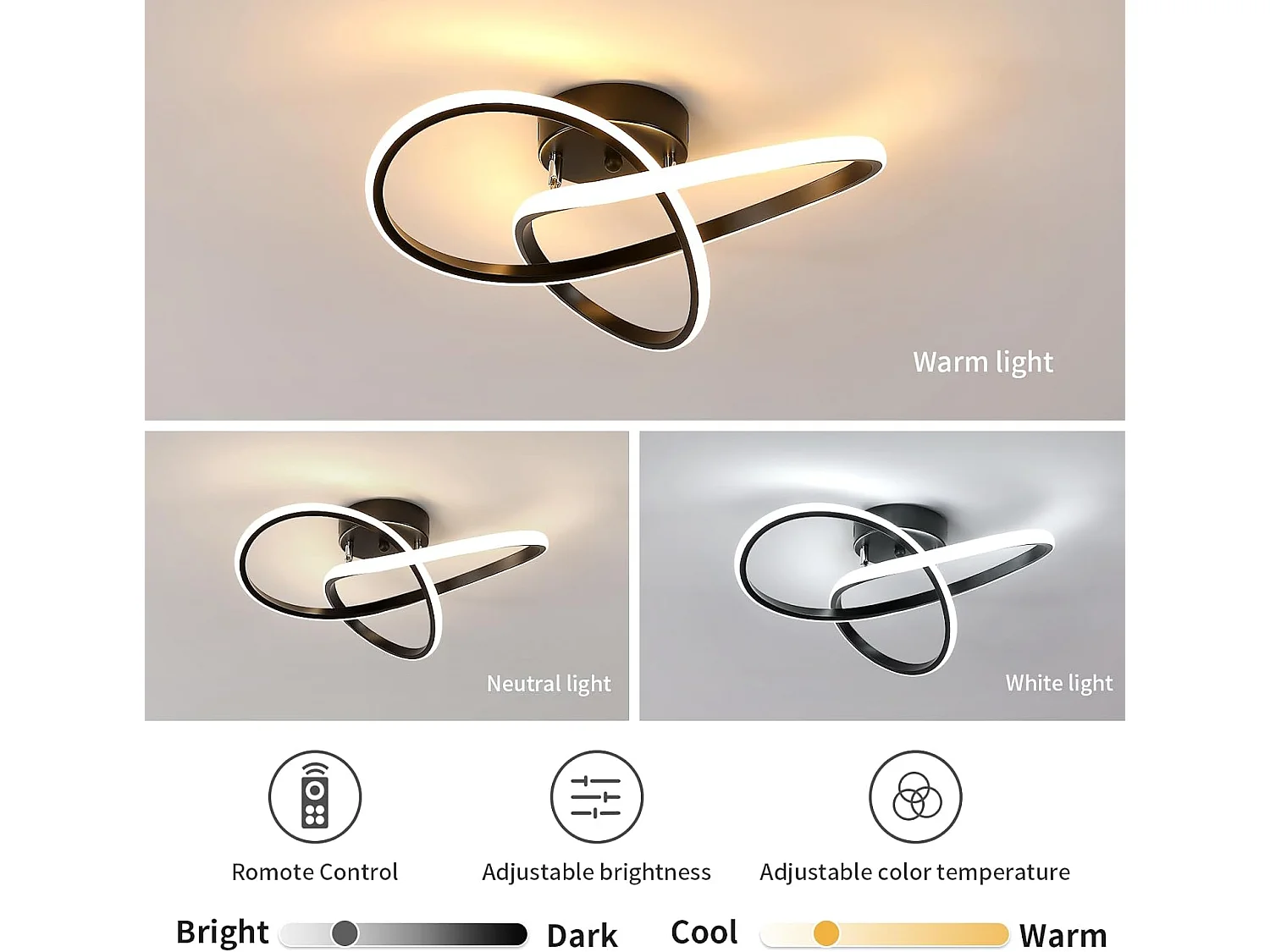 Plafonnier LED Moderne Design Créatif en Aluminium Lampe de Lustre pour Cuisine Salon Chambre Salle à Manger（Noir 36W Dimmable avec la télécommande）