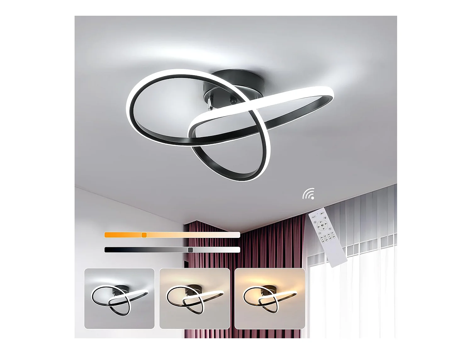 Plafonnier LED Moderne Design Créatif en Aluminium Lampe de Lustre pour Cuisine Salon Chambre Salle à Manger（Noir 36W Dimmable avec la télécommande）