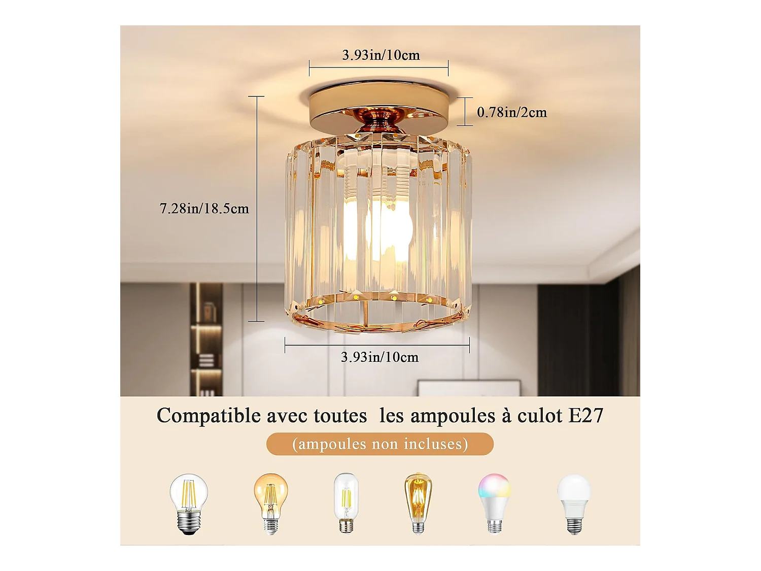 Plafonnier en Cristal Moderne, Luminaire Plafonnier Industriel,Lampe de Plafond Moderne Intérieur E27pour Couloir Entrée Chambre Salle à Manager Salon