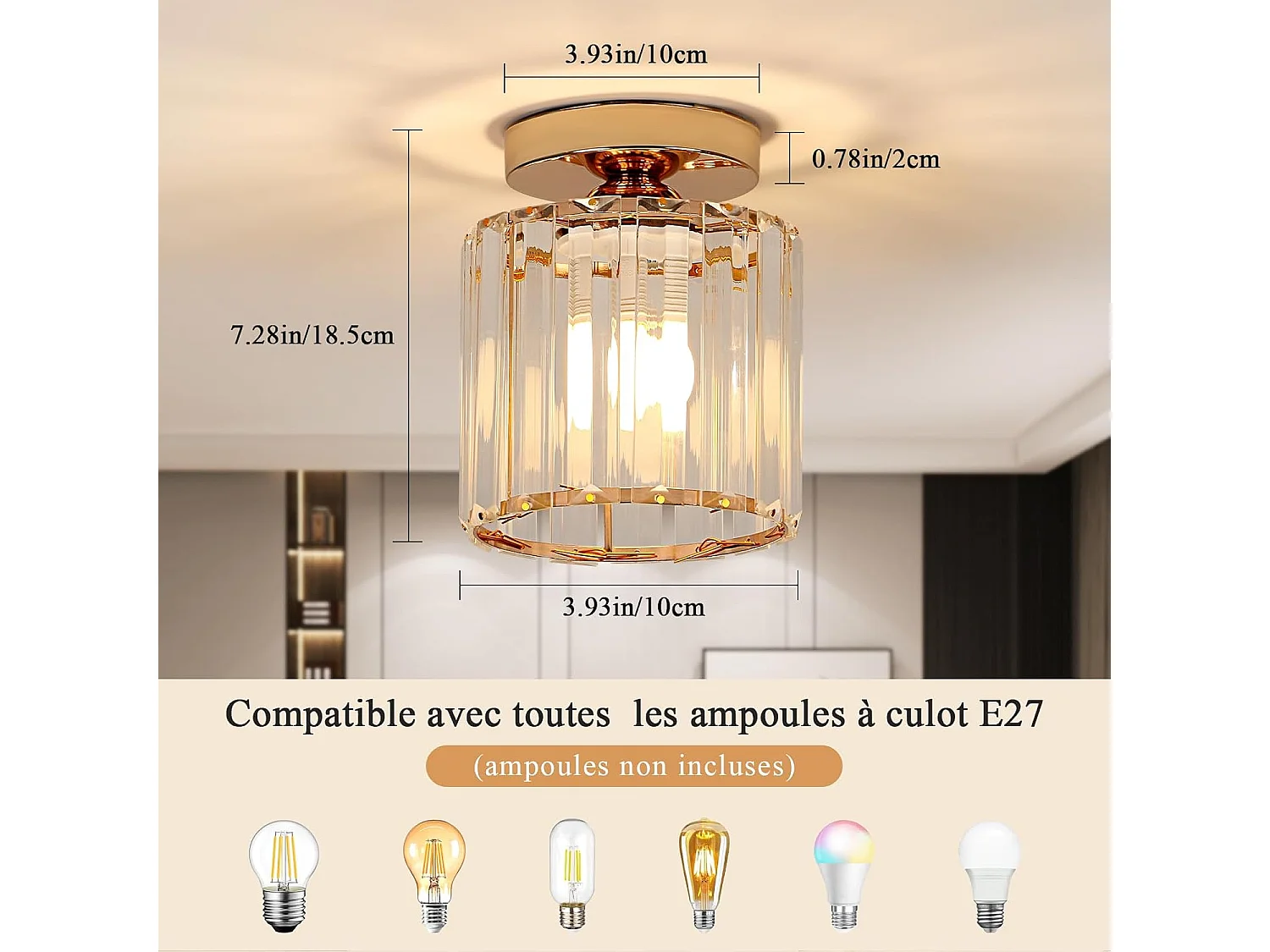 Plafonnier en Cristal Moderne, Luminaire Plafonnier Industriel,Lampe de Plafond Moderne Intérieur E27pour Couloir Entrée Chambre Salle à Manager Salon