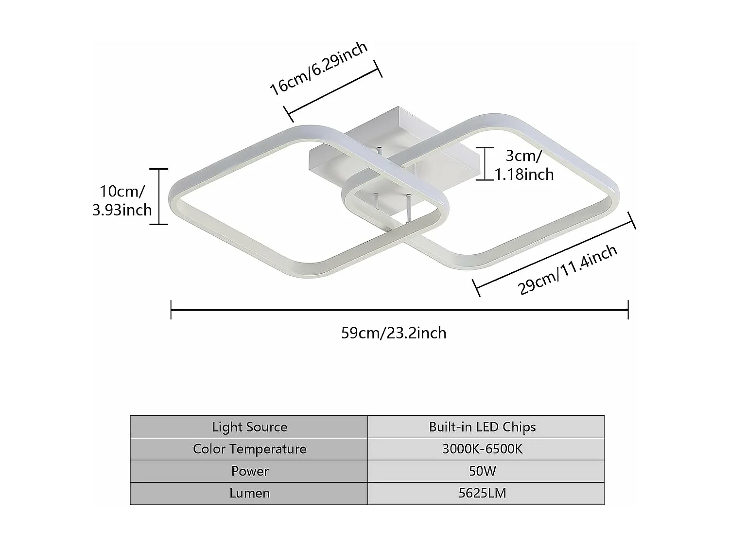 Plafonnier Led Dimmable 50W Moderne Cercle carré Lampe de Plafond 3000K-6000K Pour salon chambre à coucher salle à manger bureau Blanc