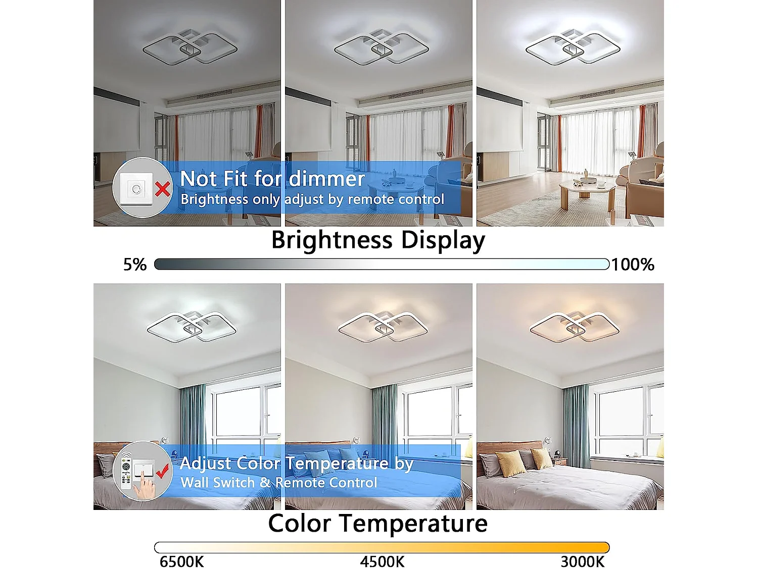 Plafonnier Led Dimmable 50W Moderne Cercle carré Lampe de Plafond 3000K-6000K Pour salon chambre à coucher salle à manger bureau Blanc