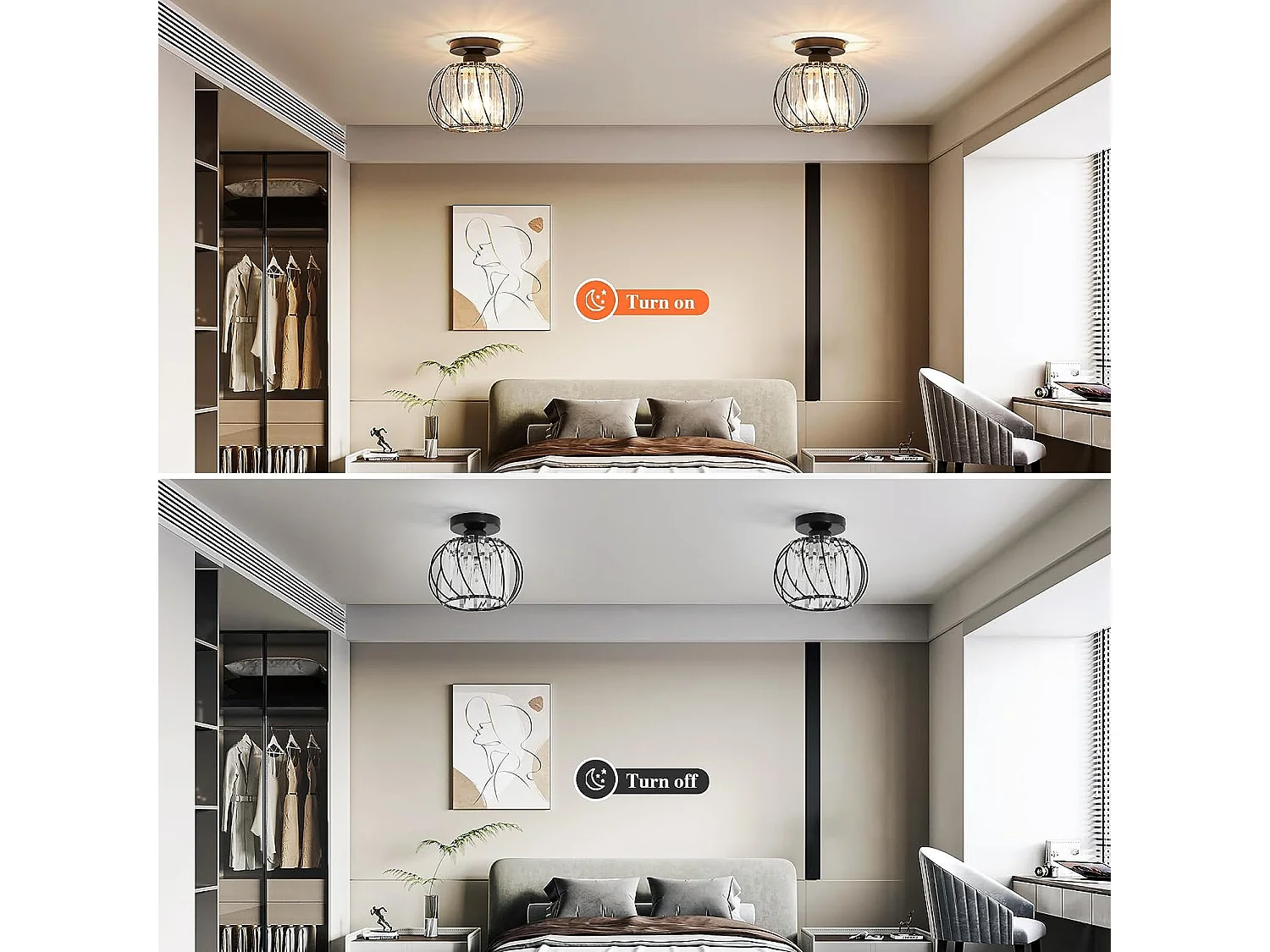 2 pièces Plafonnier en Cristal Moderne E27 Base Cage Lampe de Plafond Pour Cuisine Salle à Manger Chambre Couloir Entrée Balcon Noir (Ampoule non incluse)