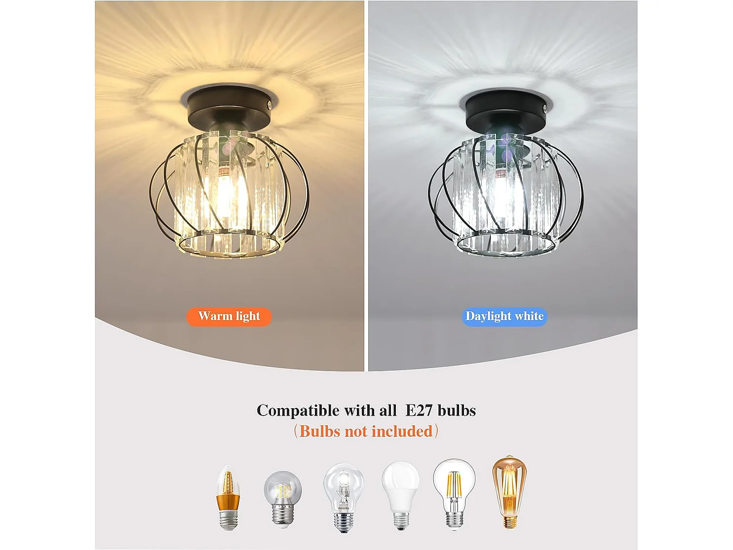 2 pièces Plafonnier en Cristal Moderne E27 Base Cage Lampe de Plafond Pour Cuisine Salle à Manger Chambre Couloir Entrée Balcon Noir (Ampoule non incluse)