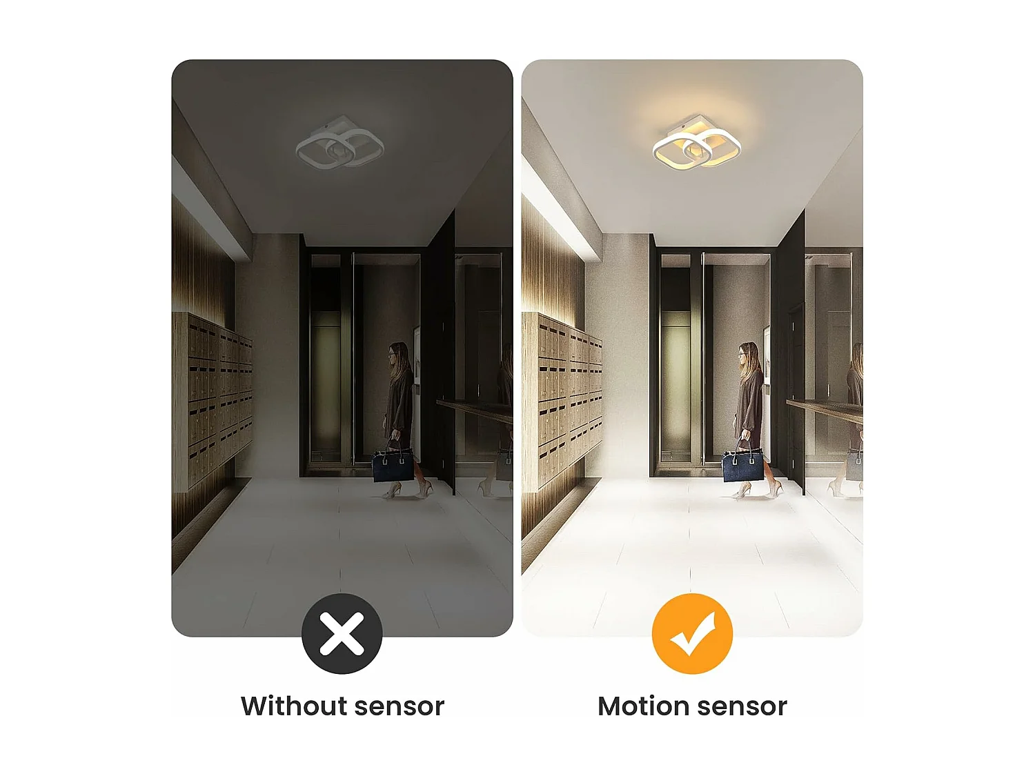 Plafonnier LED Carré Design Simple en Acrylique Blanc Idéal pour Chambre Salon Couloir（19W 3000K Lumière Blanche Chaud avec Détecteur de Mouvement）