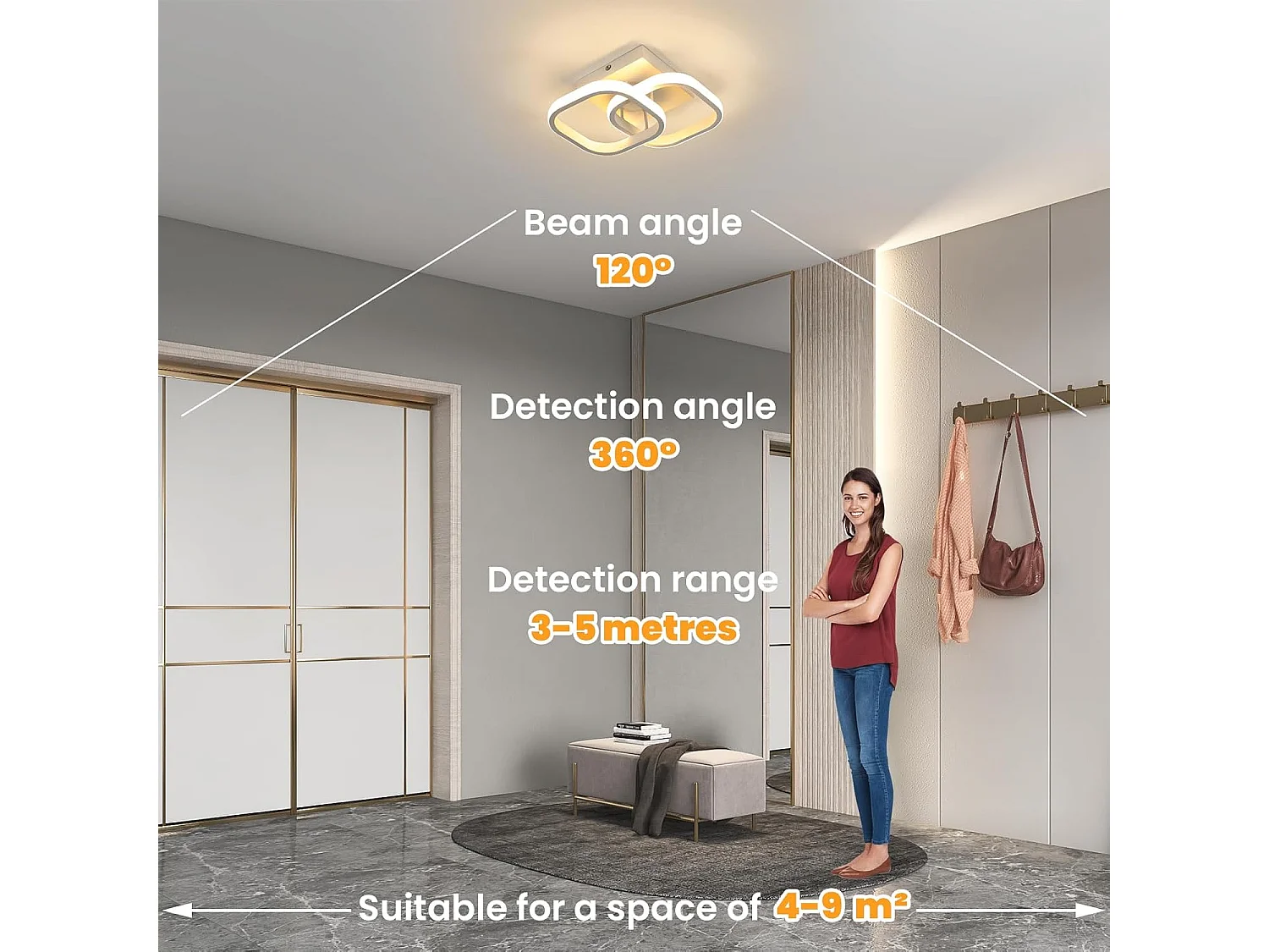 Plafonnier LED Carré Design Simple en Acrylique Blanc Idéal pour Chambre Salon Couloir（19W 3000K Lumière Blanche Chaud avec Détecteur de Mouvement）