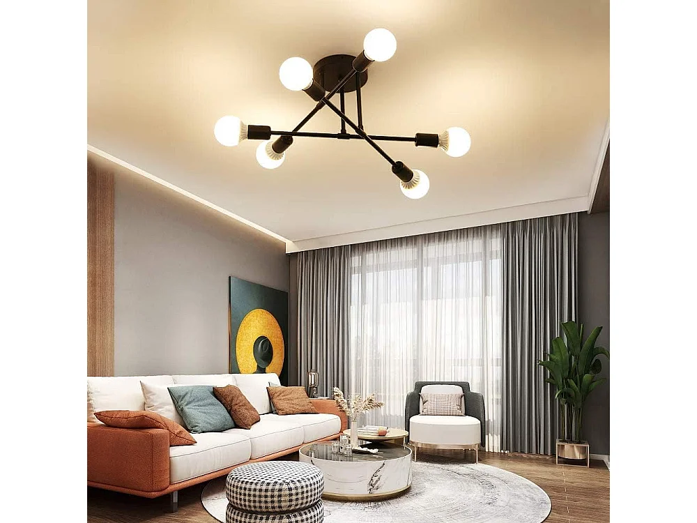 Sputnik Lustre 6 Lumières, Noir Finition Peinture E27 Suspension Luminaire Vintage Plafonnier Industriel Postuler à Salon Chambre Salle à Manger Café Bar