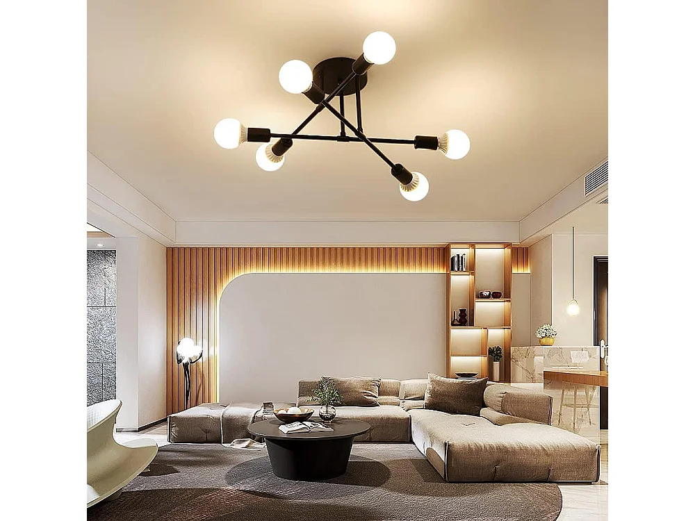 Sputnik Lustre 6 Lumières, Noir Finition Peinture E27 Suspension Luminaire Vintage Plafonnier Industriel Postuler à Salon Chambre Salle à Manger Café Bar