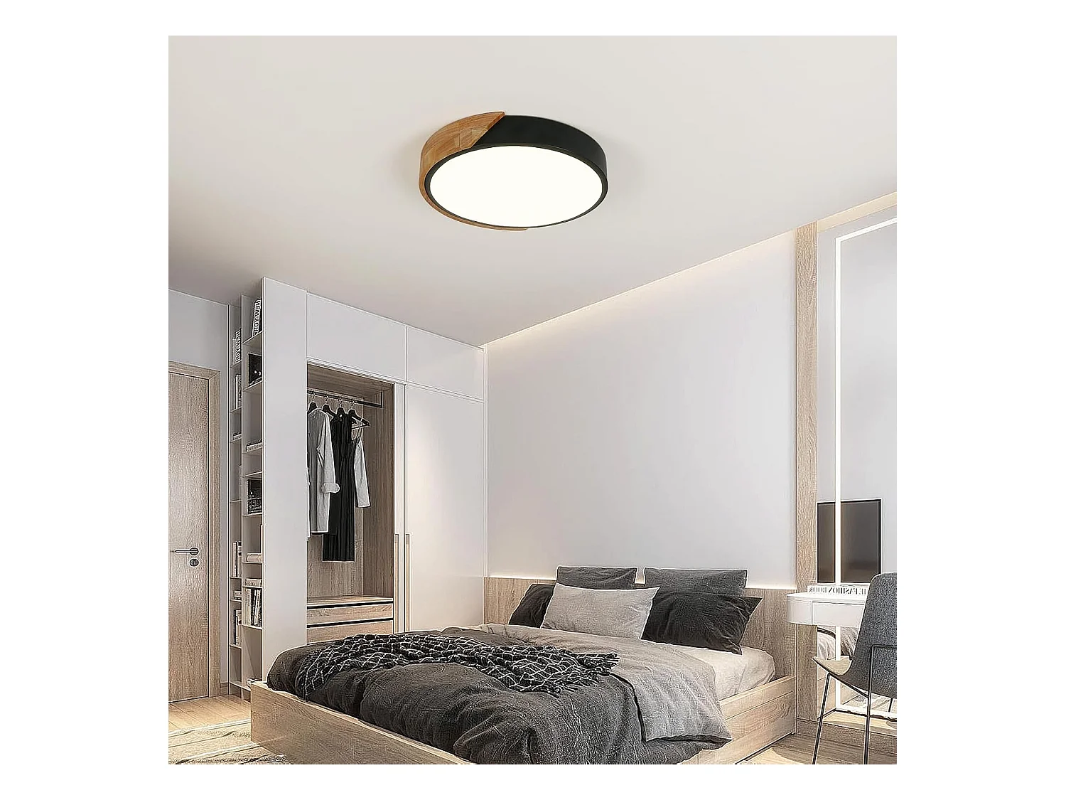 Plafonnier LED Bois 30W Lampe de Plafond Moderne Ronde Parfait pour Chambre Salle de Bain Cuisine Salon Bureau Ø30cm Luminaire Blanc Neutre 4500K （Noir）