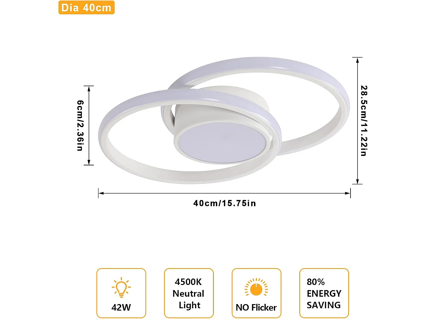 Plafonnier LED, Rond Lampe de plafond 42W,Luminaire Plafonnier pour Couloir Coucher Salle de Bains Cuisine Salon, Lumière Naturelle 4500K, Longueur 40cm, Blanc