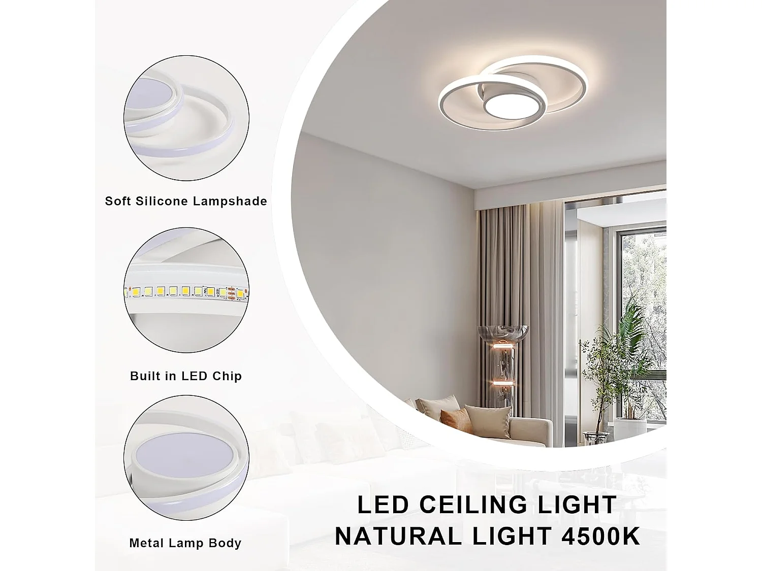 Plafonnier LED, Rond Lampe de plafond 42W,Luminaire Plafonnier pour Couloir Coucher Salle de Bains Cuisine Salon, Lumière Naturelle 4500K, Longueur 40cm, Blanc