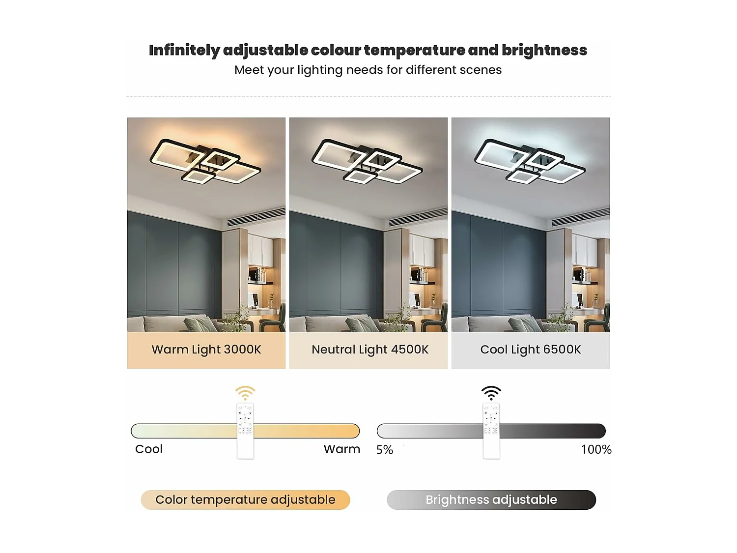 Plafonnier LED Moderne, 54W Luminaire Plafonnier Dimmable avec Télécommande 3000K-6500K, Design Rectangulaire Créatif Lampe de Plafond pour Salon,Cuisine (Noir)