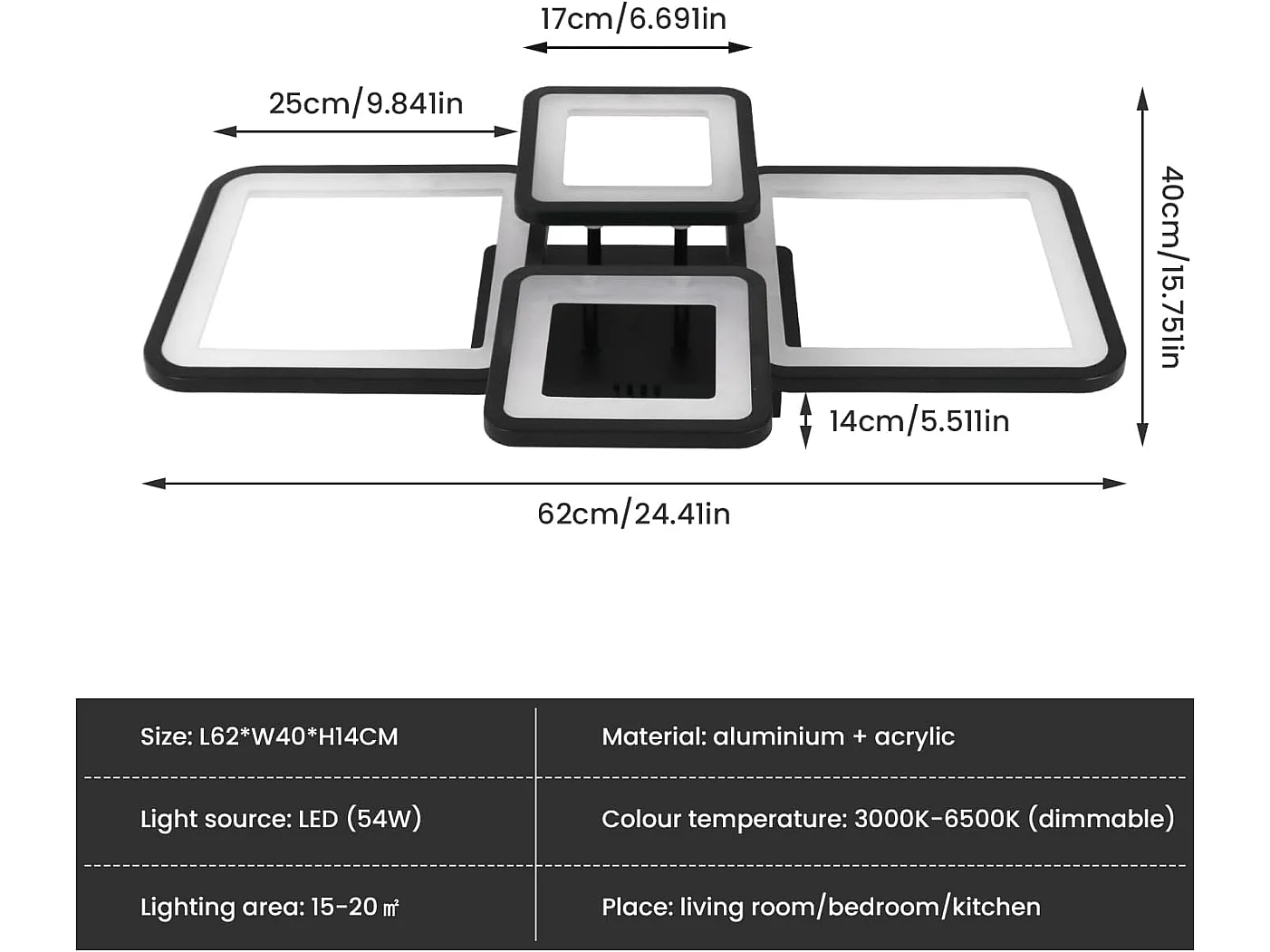 Plafonnier LED Moderne, 54W Luminaire Plafonnier Dimmable avec Télécommande 3000K-6500K, Design Rectangulaire Créatif Lampe de Plafond pour Salon,Cuisine (Noir)