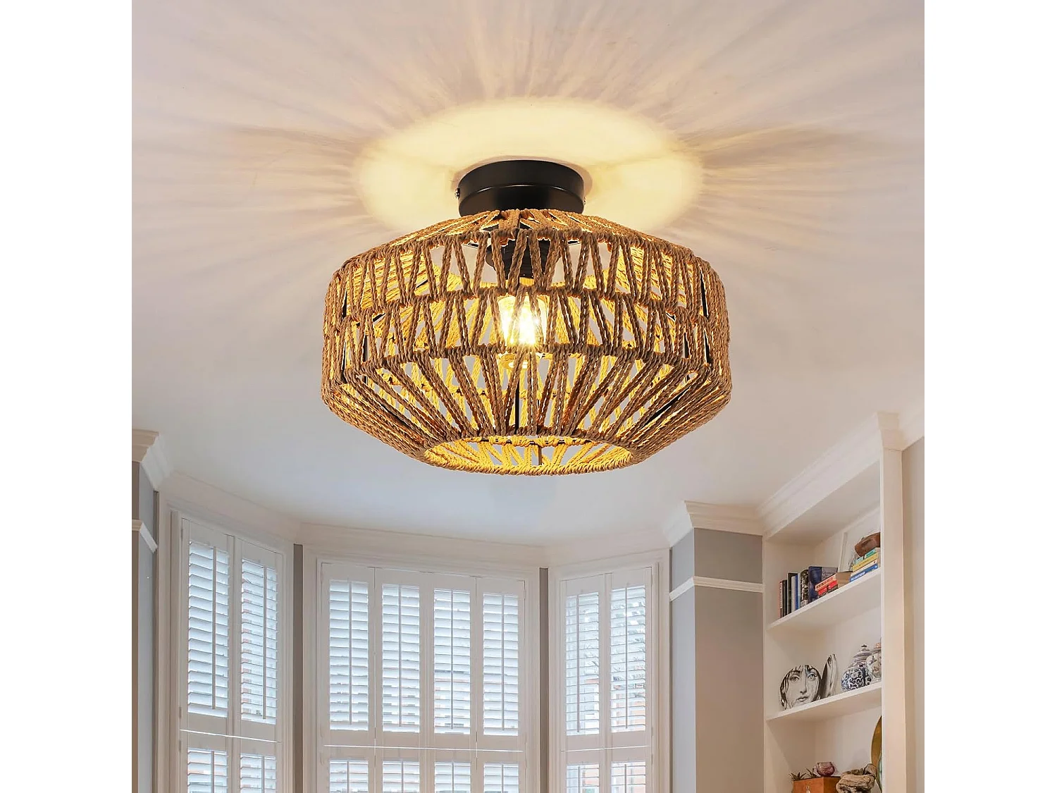 Plafonnier Vintage E27  Max 60W Luminaire Boho en Bambou Tressé Ø30cm Suspension Rotin pour un Éclairage Chaleureux dans Salon Chambre(Ampoule non incluse)