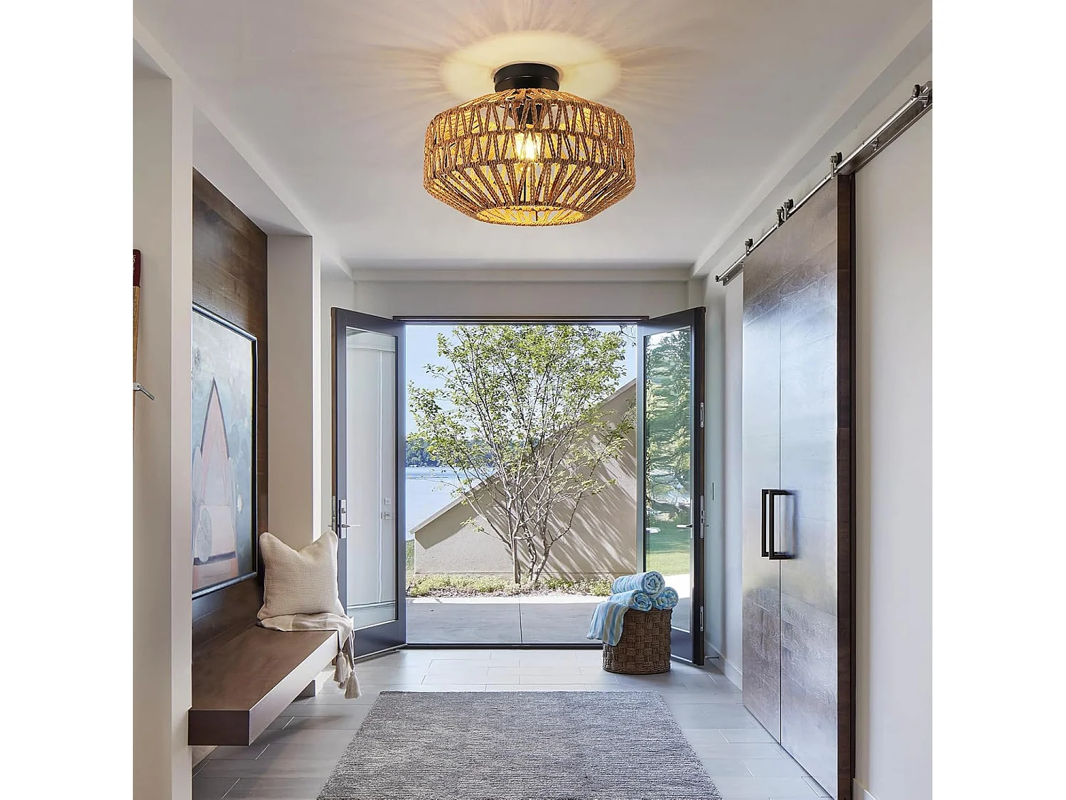 Plafonnier Vintage E27  Max 60W Luminaire Boho en Bambou Tressé Ø30cm Suspension Rotin pour un Éclairage Chaleureux dans Salon Chambre(Ampoule non incluse)