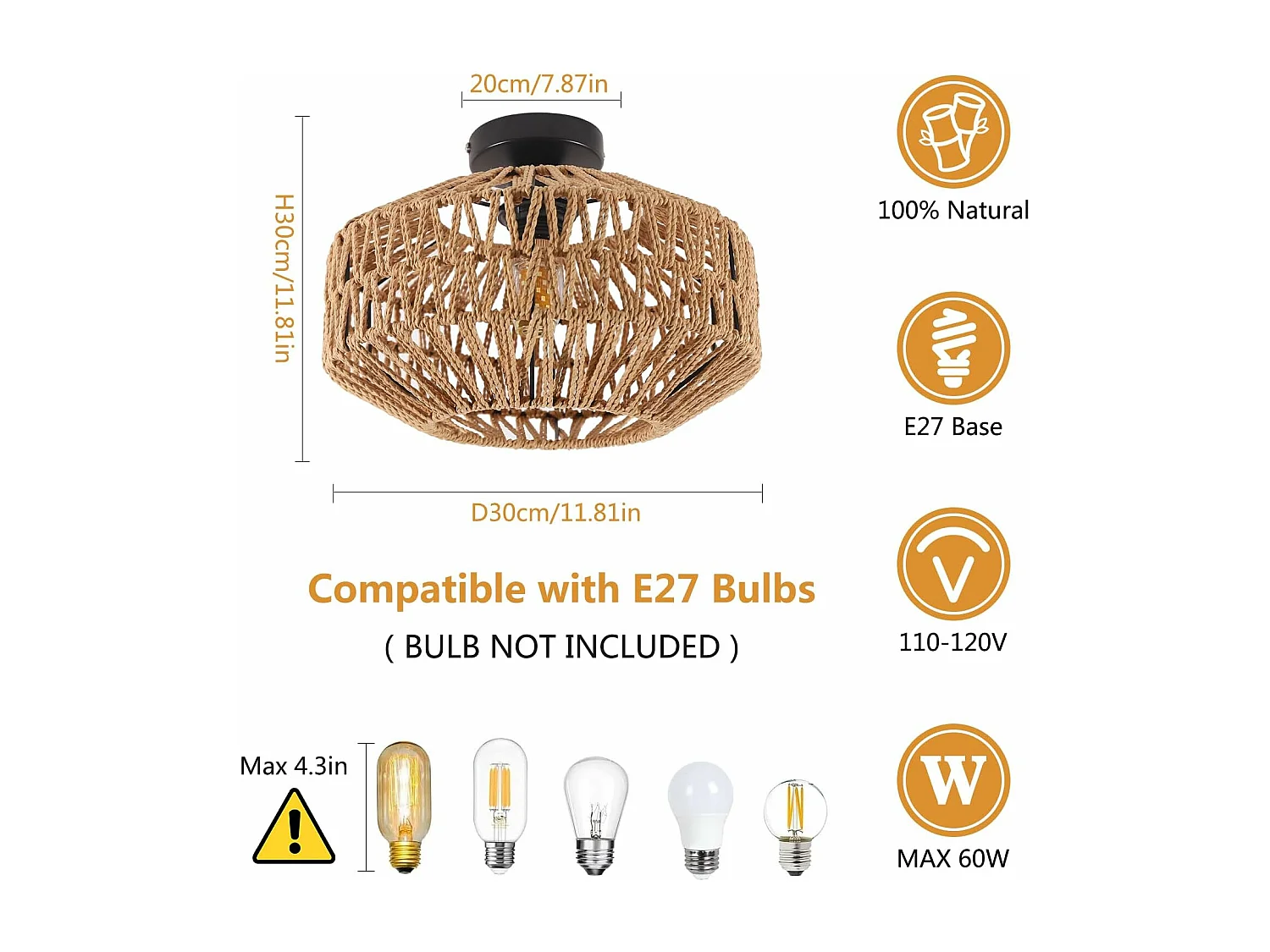 Plafonnier Vintage E27  Max 60W Luminaire Boho en Bambou Tressé Ø30cm Suspension Rotin pour un Éclairage Chaleureux dans Salon Chambre(Ampoule non incluse)
