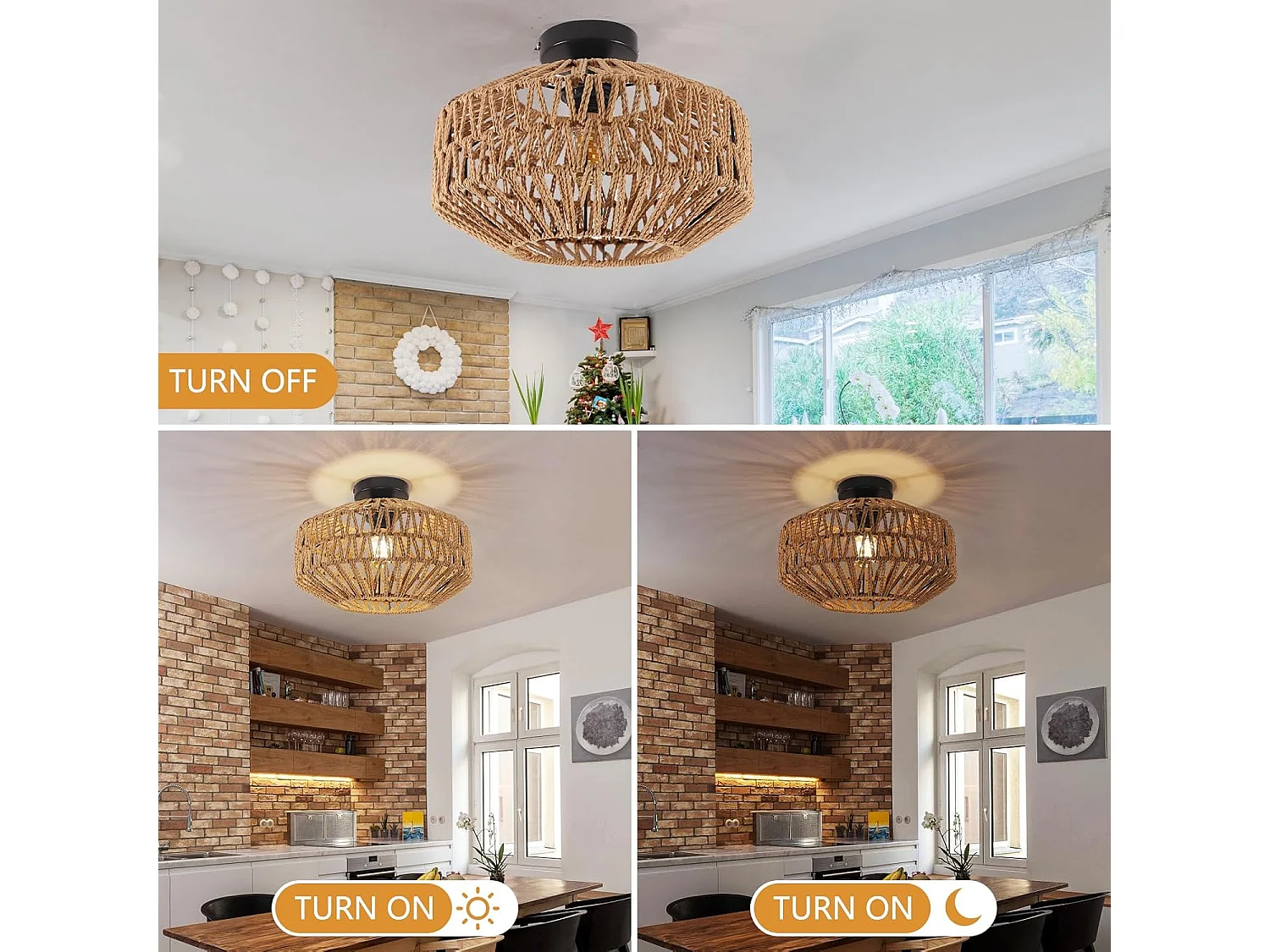 Plafonnier Vintage E27  Max 60W Luminaire Boho en Bambou Tressé Ø30cm Suspension Rotin pour un Éclairage Chaleureux dans Salon Chambre(Ampoule non incluse)