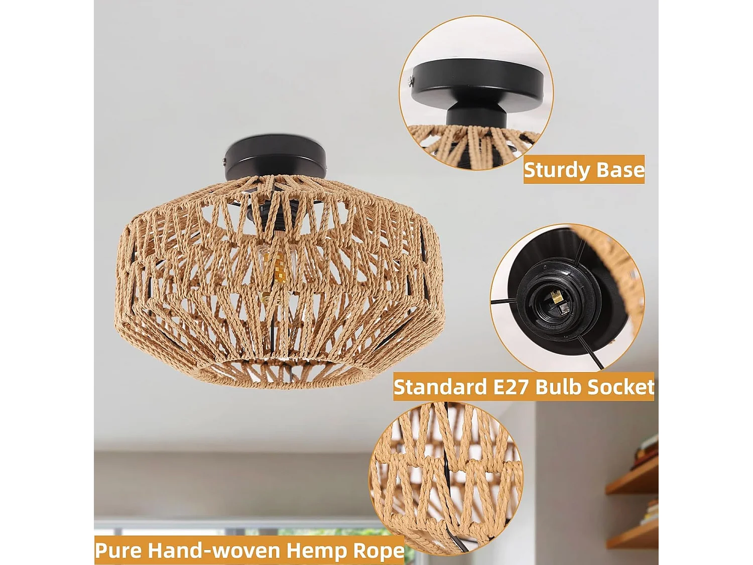 Plafonnier Vintage E27  Max 60W Luminaire Boho en Bambou Tressé Ø30cm Suspension Rotin pour un Éclairage Chaleureux dans Salon Chambre(Ampoule non incluse)