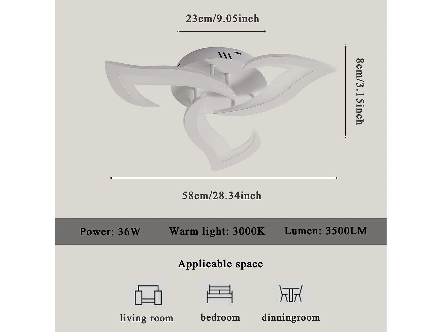 Plafonnier LED, 36W 3060LM Luminaire Plafonnier Moderne, Dia 58cm Acrylique Lampe de Plafond LED 3 lumières pour Salon Chambre Cuisine