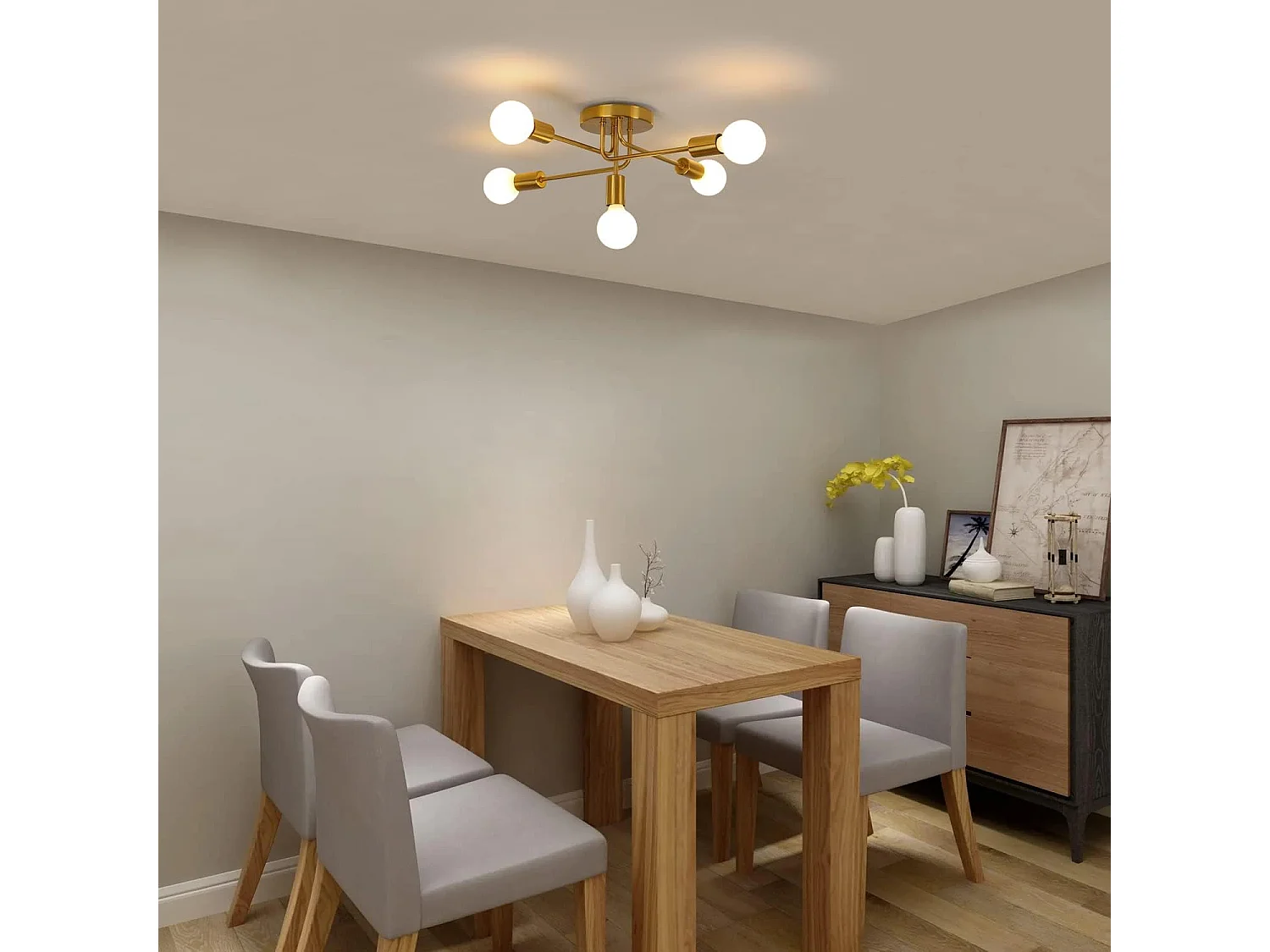 Lustre Plafonnier Industriel, 5 lumières E27 Éclairage de Plafond en Metal, Or Plafonnier, Retro Lampe de Plafond pour Salon Cuisine Salle à Manger Chambre