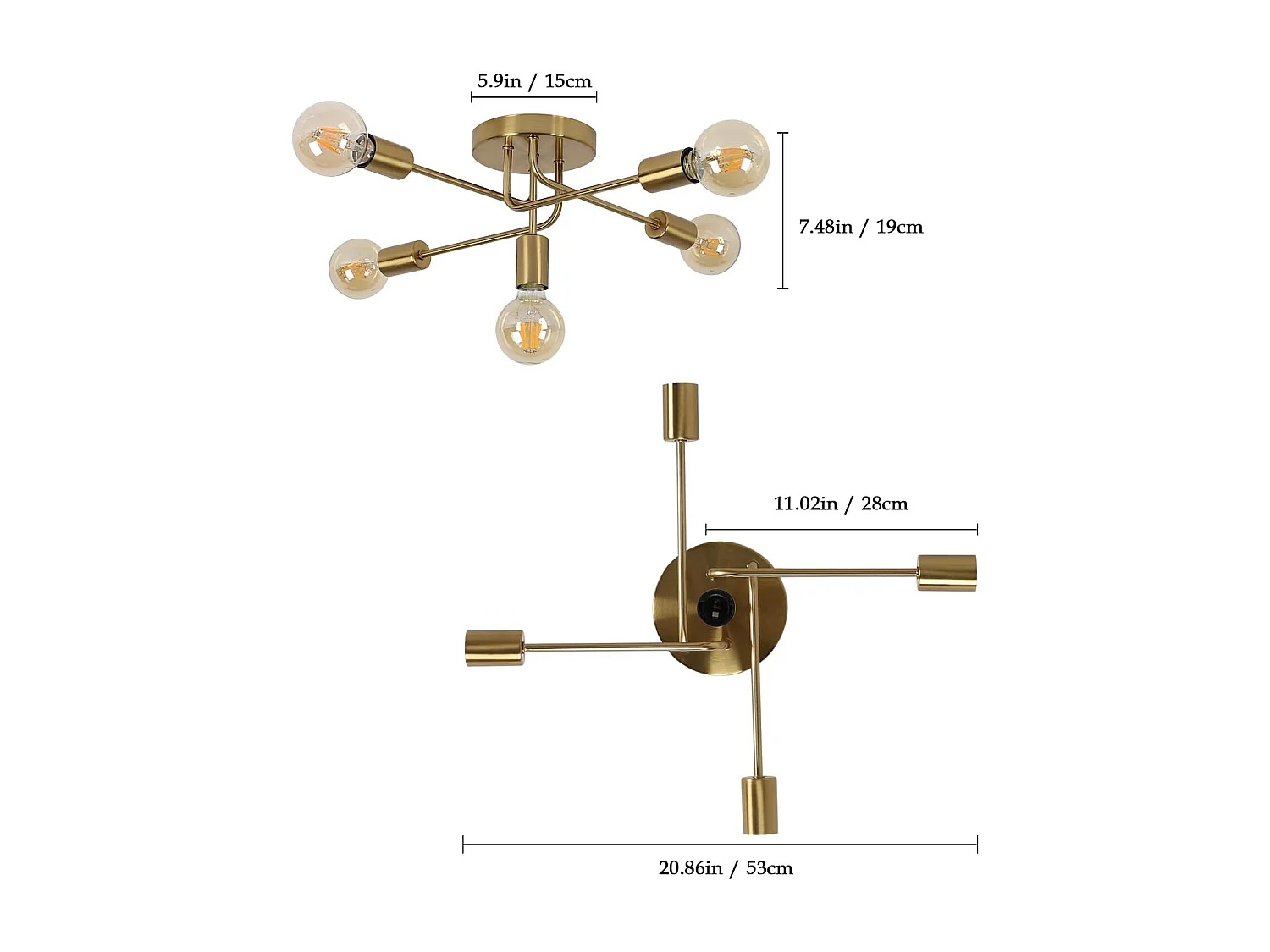 Lustre Plafonnier Industriel, 5 lumières E27 Éclairage de Plafond en Metal, Or Plafonnier, Retro Lampe de Plafond pour Salon Cuisine Salle à Manger Chambre