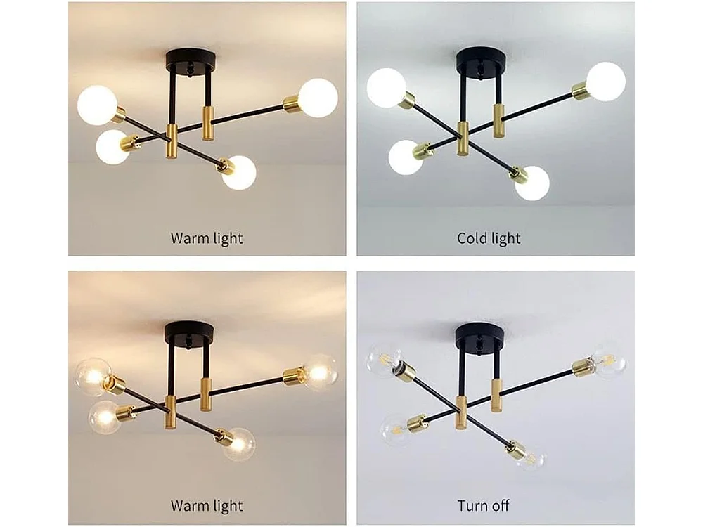 Plafonnier vintage, 4 lumières, E27, plafonnier moderne pour salon, cuisine, salle à manger, ampoule non incluse
