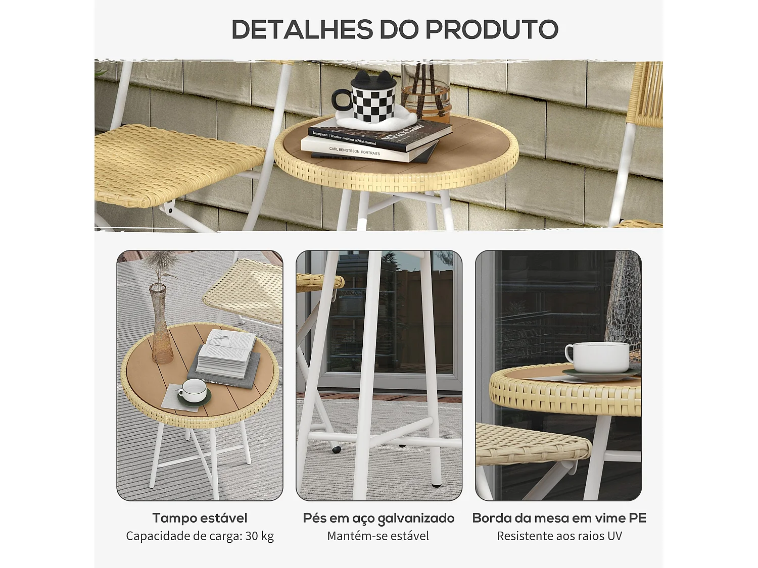 Mesa Auxiliar de Vime Sintético para Jardim com Estrutura de Aço e Acabamento em Madeira