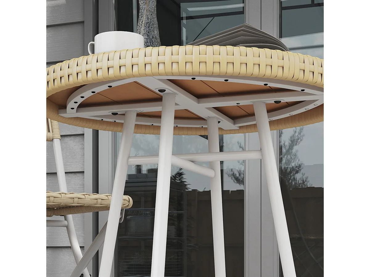 Mesa Auxiliar de Vime Sintético para Jardim com Estrutura de Aço e Acabamento em Madeira