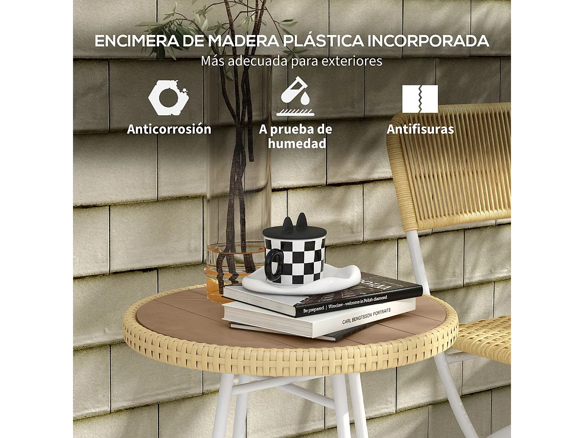 Mesa Auxiliar de Vime Sintético para Jardim com Estrutura de Aço e Acabamento em Madeira