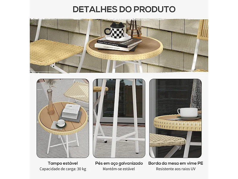 Mesa Auxiliar de Vime Sintético para Jardim com Estrutura de Aço e Acabamento em Madeira