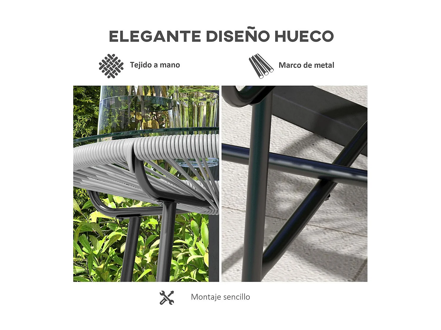 Mesa Auxiliar Redonda de Vime Sintético com Vidro Temperado para Exteriores - 50 cm Cinza Claro e Preto