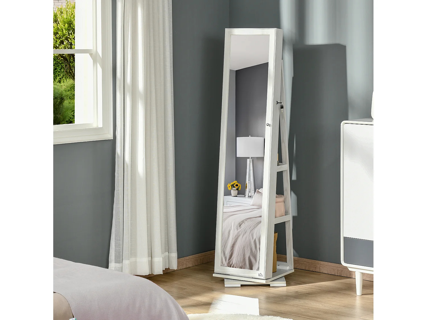 Joalheiro de Pé HOMCOM com Espelho e Fechadura - Organizador de Jóias 360° Branco 38x38x160 cm