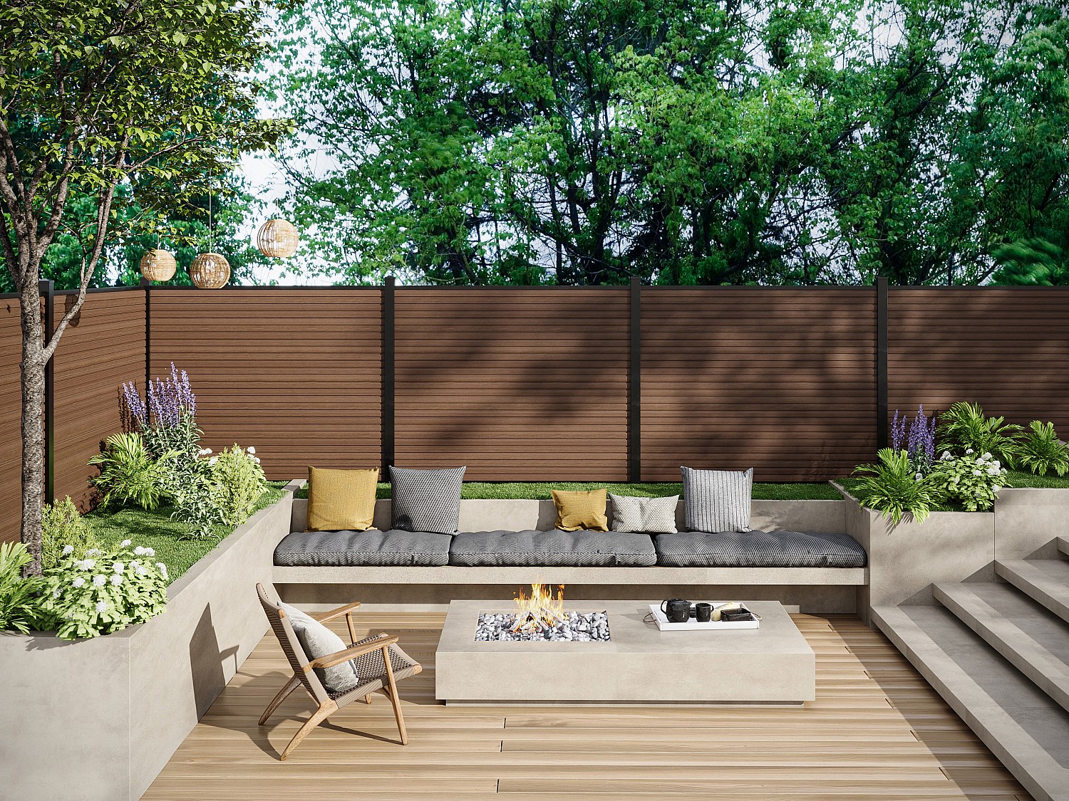 Vente-unique Sichtschutzzaun Zum Einsenken - Holz-Optik - 148 Cm - Set Aus 9 Coextrudierten Verbundstofflamellen + 1 Anthrazitfarbener Pfosten - Palizo