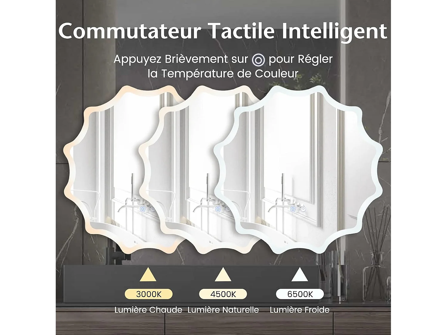 Miroir de salle de bain à led φ60 cm, 3 couleurs & luminosité réglable