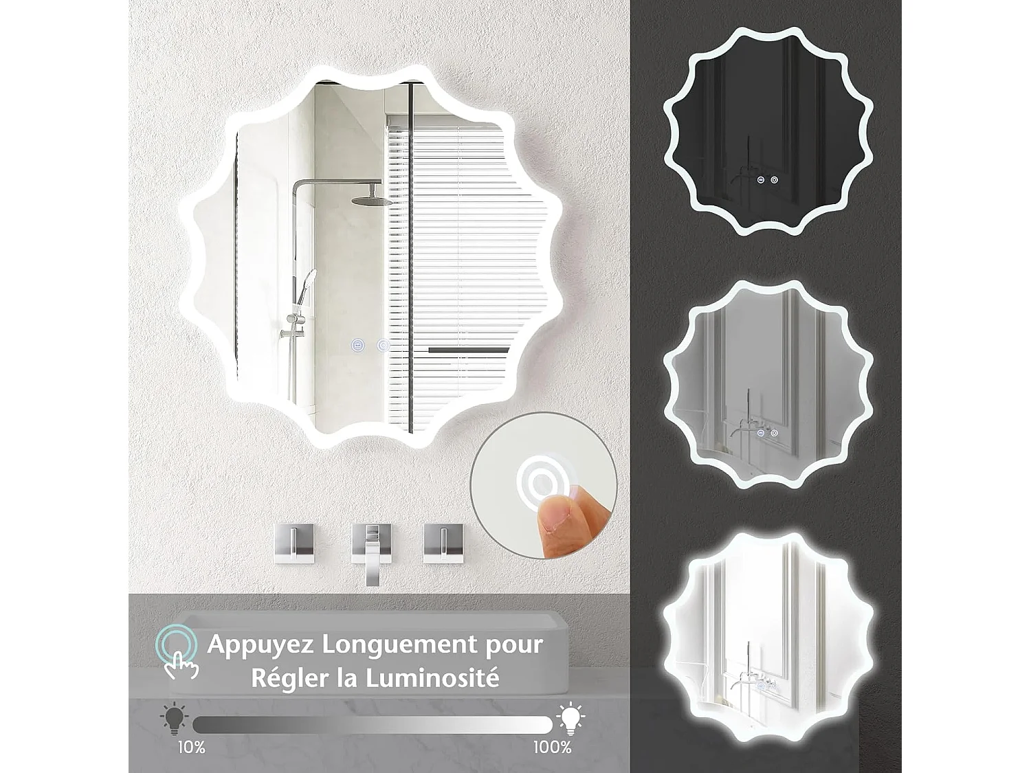 Miroir de salle de bain à led φ60 cm, 3 couleurs & luminosité réglable