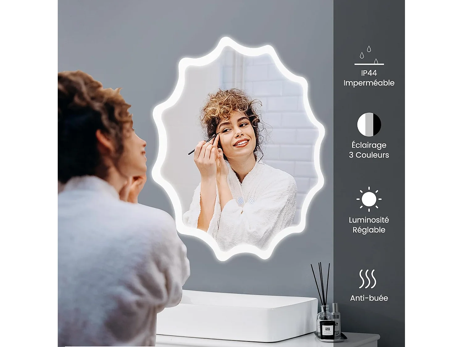 Miroir de salle de bain à led φ60 cm, 3 couleurs & luminosité réglable