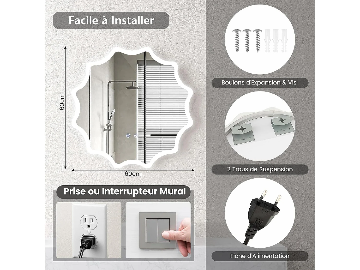 Miroir de salle de bain à led φ60 cm, 3 couleurs & luminosité réglable