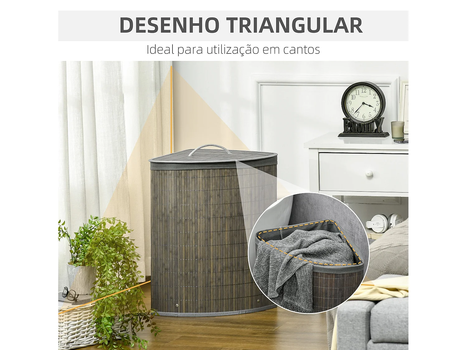 Cesto de ropa sucia Nervión Homcom esquinero con tapa bambú gris 57x38x38 cm