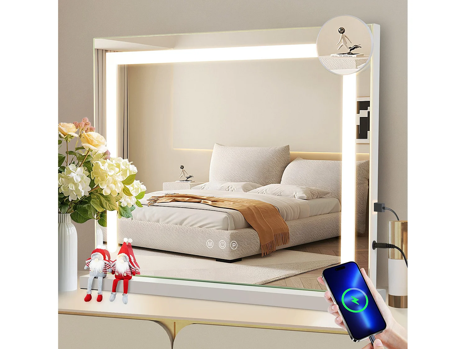 NETTLIFE Make-upspiegel met veranderbare verlichting met 3 kleurverlichtmodi, Vergrotende spiegel 5x Verbinding USB voor kleerkast