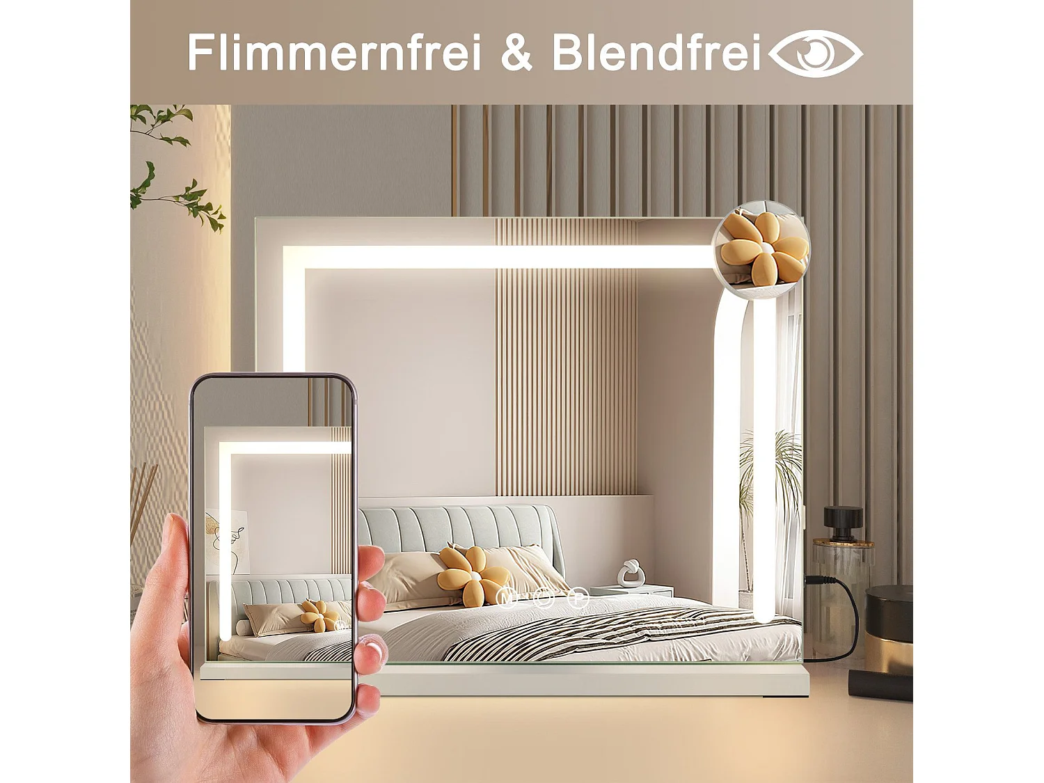 NETTLIFE Make-upspiegel met veranderbare verlichting met 3 kleurverlichtmodi, Vergrotende spiegel 5x Verbinding USB voor kleerkast