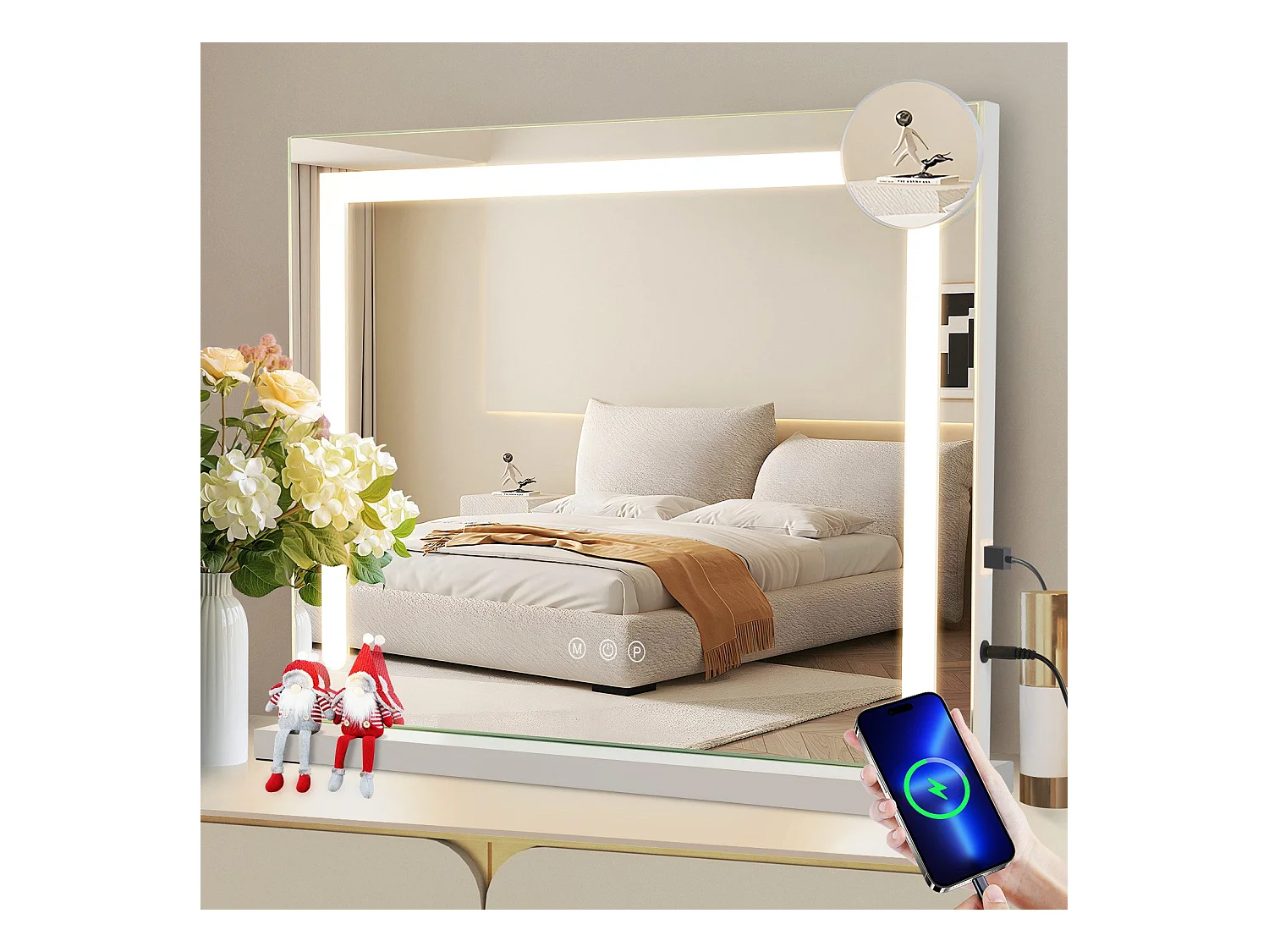 NETTLIFE Miroir de maquillage avec éclairage variable avec 3 modes d'éclairage de couleur Miroir grossissant 5x Connexion USB pour dressing