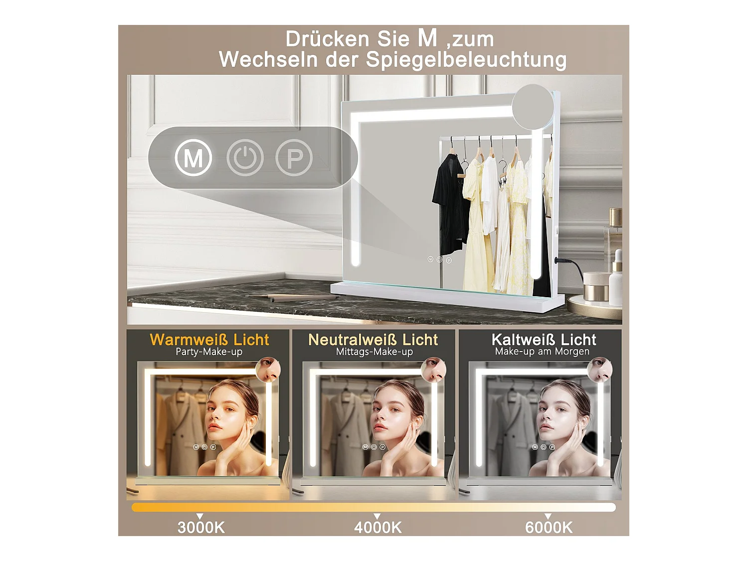 NETTLIFE Schminkgegenstand mit veränderlicher Beleuchtung mit 3 Farbbeleuchtungsmodi, 5x Vergrößerungsspiegel mit USB-Verbindung für den Schrank