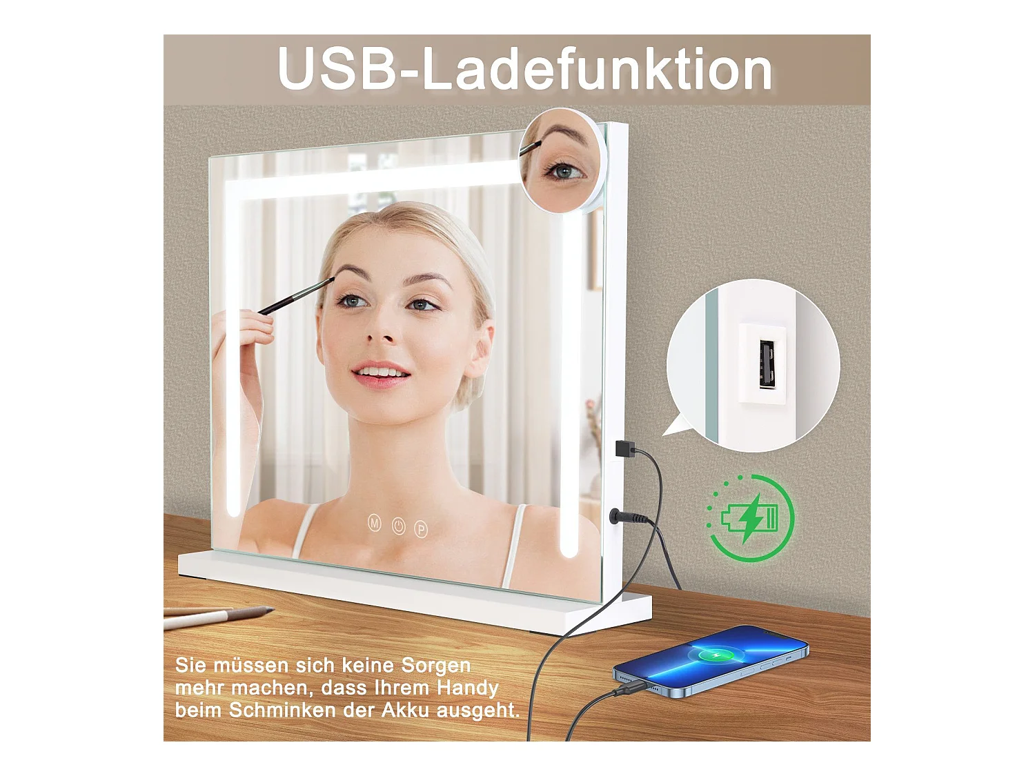 NETTLIFE Schminkgegenstand mit veränderlicher Beleuchtung mit 3 Farbbeleuchtungsmodi, 5x Vergrößerungsspiegel mit USB-Verbindung für den Schrank