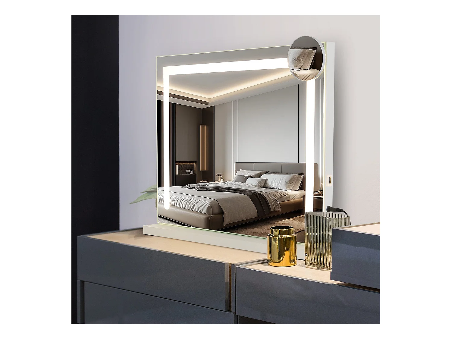 NETTLIFE Schminkgegenstand mit veränderlicher Beleuchtung mit 3 Farbbeleuchtungsmodi, 5x Vergrößerungsspiegel mit USB-Verbindung für den Schrank