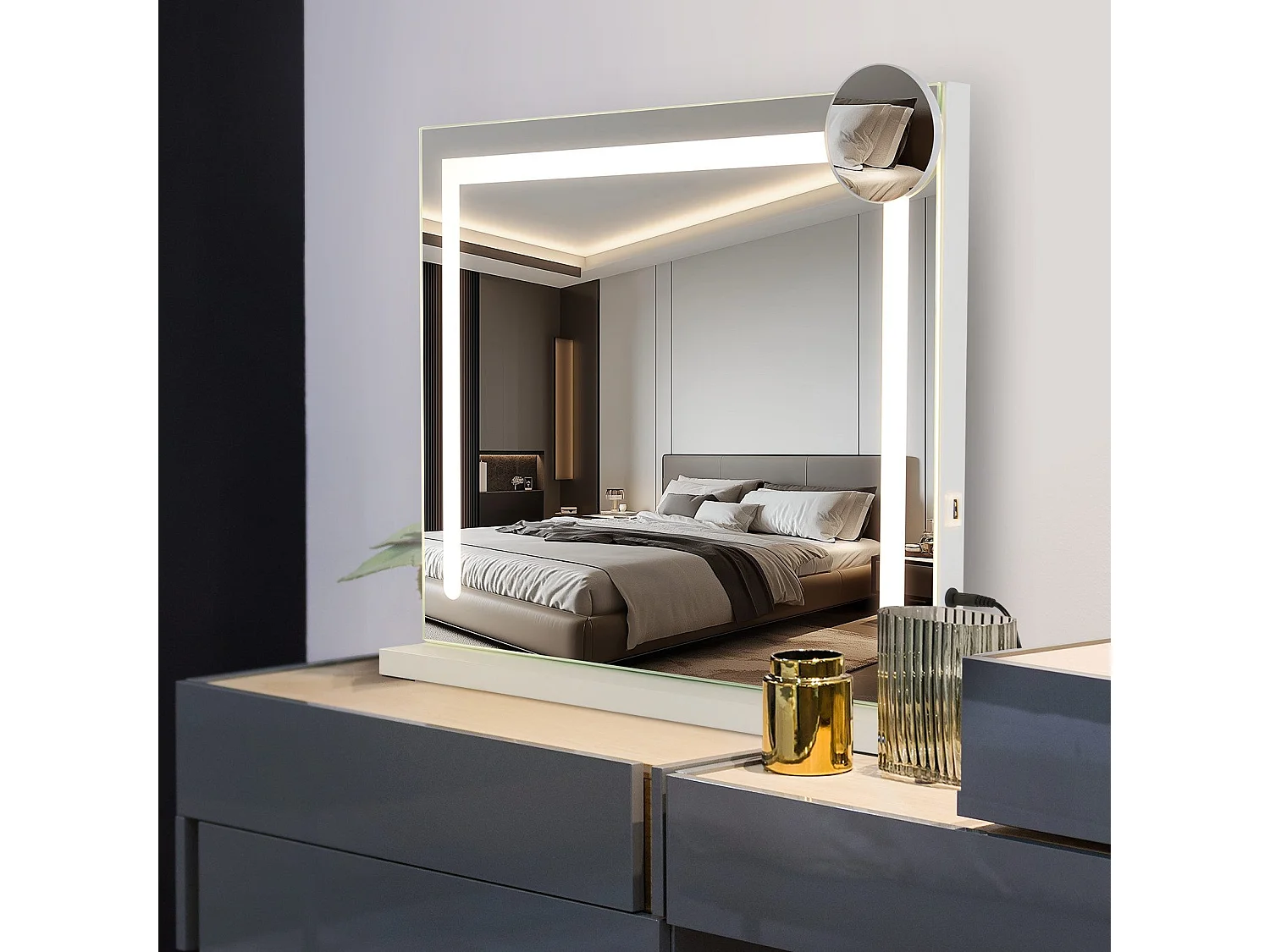 NETTLIFE Miroir de maquillage avec éclairage variable avec 3 modes d'éclairage de couleur Miroir grossissant 5x Connexion USB pour dressing