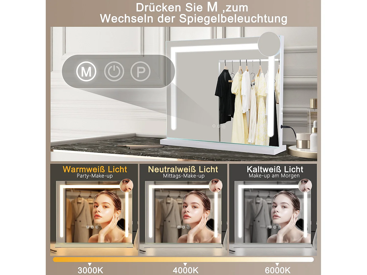 NETTLIFE Miroir de maquillage avec éclairage variable avec 3 modes d'éclairage de couleur Miroir grossissant 5x Connexion USB pour dressing