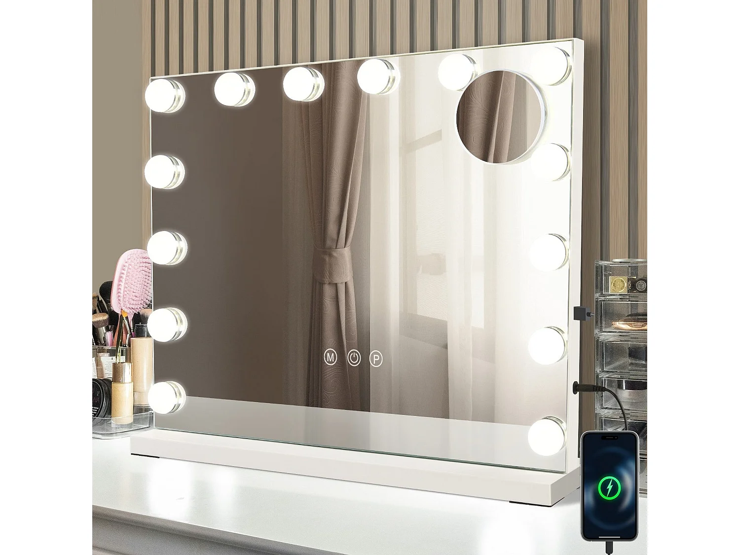 NETTLIFE Espejo de maquillaje con iluminación Espejo de 15 LED con intensidad variable con 3 modos de iluminación de color, control táctil y lente desmontable