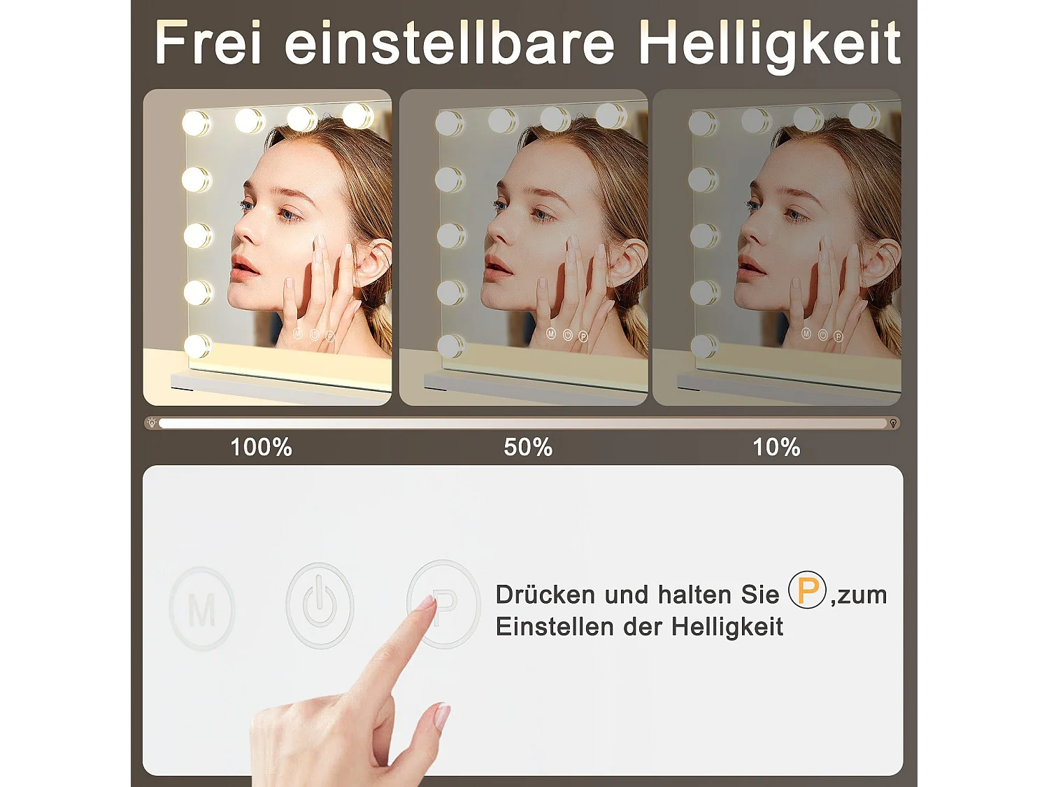 NETTLIFE Espejo de maquillaje con iluminación Espejo de 15 LED con intensidad variable con 3 modos de iluminación de color, control táctil y lente desmontable