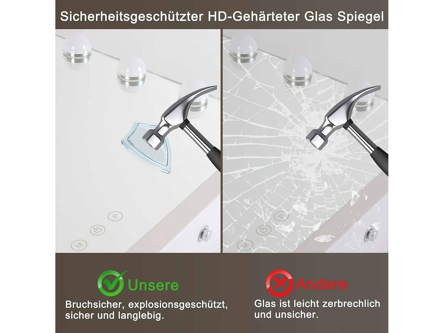 NETTLIFE Espejo de maquillaje con iluminación Espejo de 15 LED con intensidad variable con 3 modos de iluminación de color, control táctil y lente desmontable